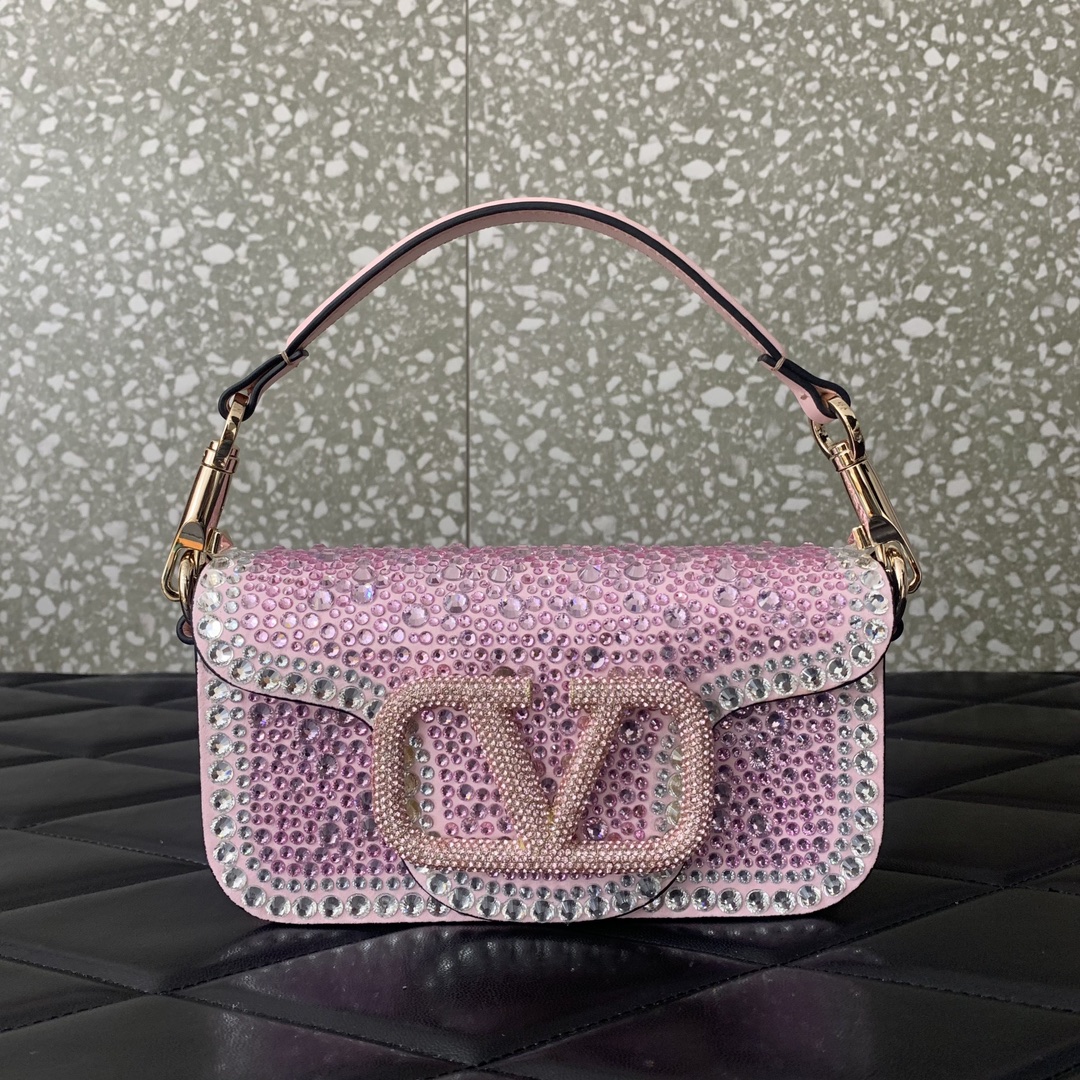 Valentino Garavani Loco Small Shoulder Bag with Pink Rhinestone Applique